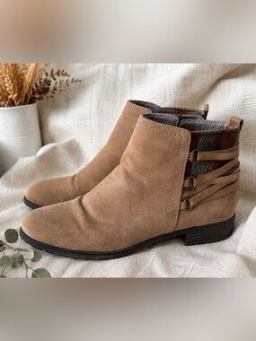 G.H. Bass & Co. Tan Suede Ankle Boots with Plaid Cuff